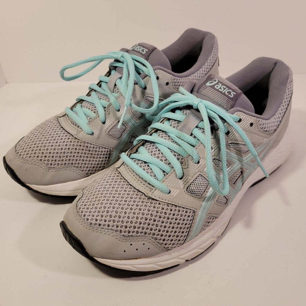 Asics Gel Contend 5 Running Shoes Women Size 8 Gray Light Blue Sneakers Workout